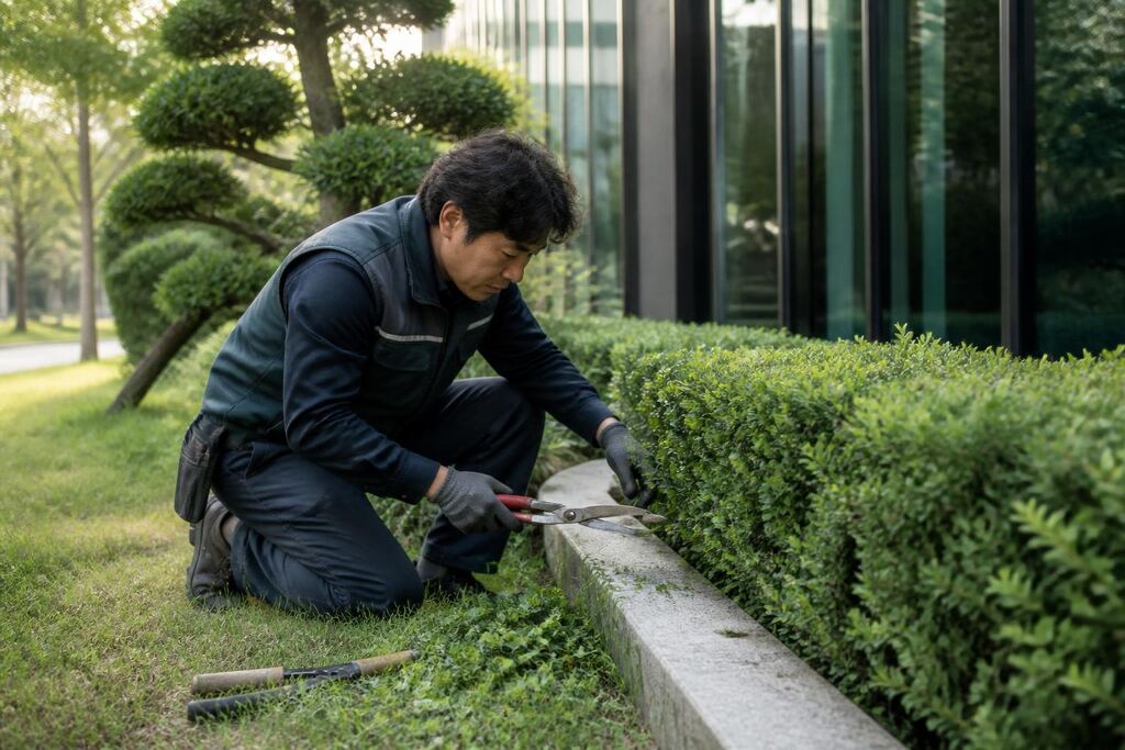 강원특별자치도 건물 외부 녹지관리 작업 범위와 현장 조건 이미지