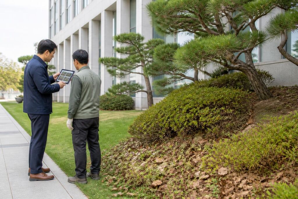 경북 건물 외부 녹지관리 작업 범위와 현장 조건 이미지