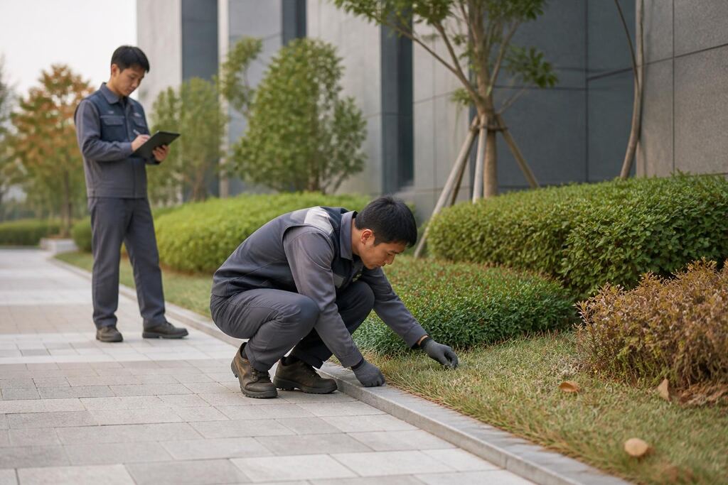 부산 건물 외부 녹지관리 작업 범위와 현장 조건 이미지