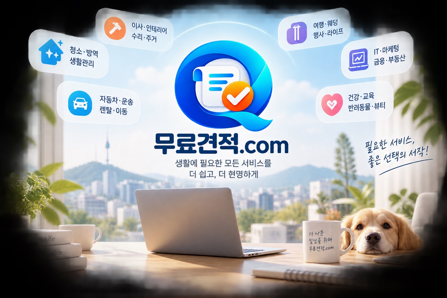 청소, 수리, 이사, 인테리어 등 다양한 생활서비스를 표현한 무료견적.com 대표 이미지
